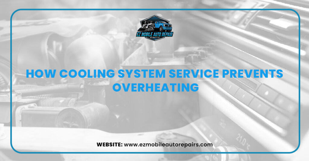 Car engine and dashboard with text: "How Cooling System Service Prevents Overheating."