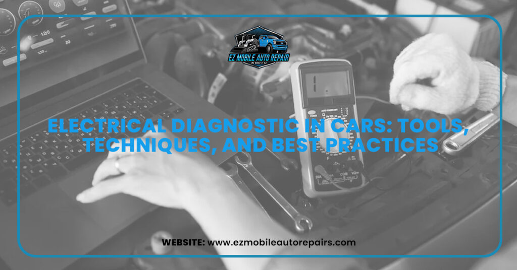 Mechanic performing electrical diagnostics on a car using laptop and multimeter – EZ Mobile Auto Repair