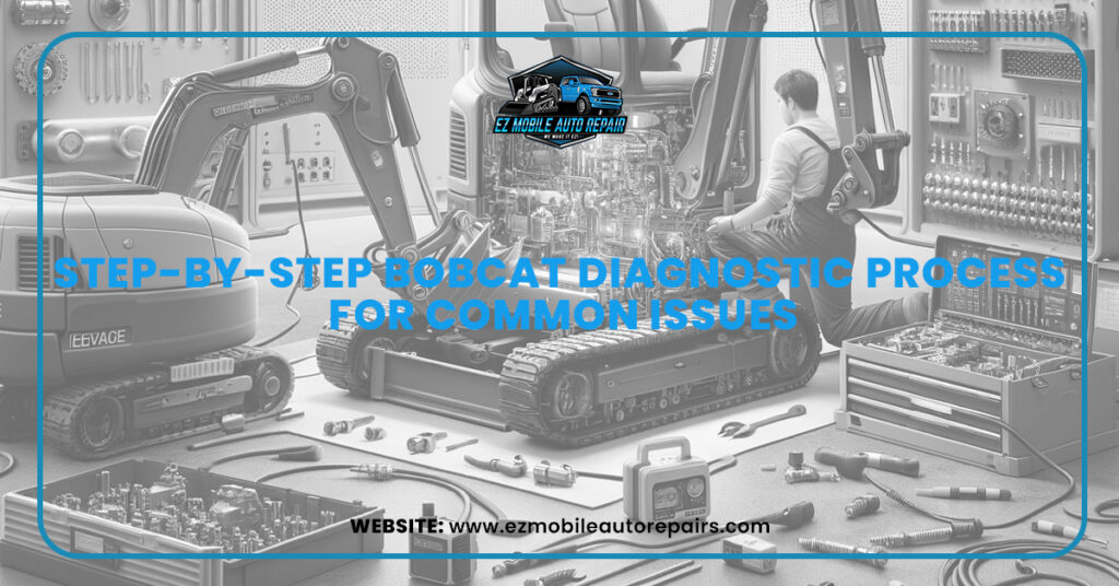 Technician performing diagnostics on a Bobcat machine surrounded by tools and diagnostic equipment.