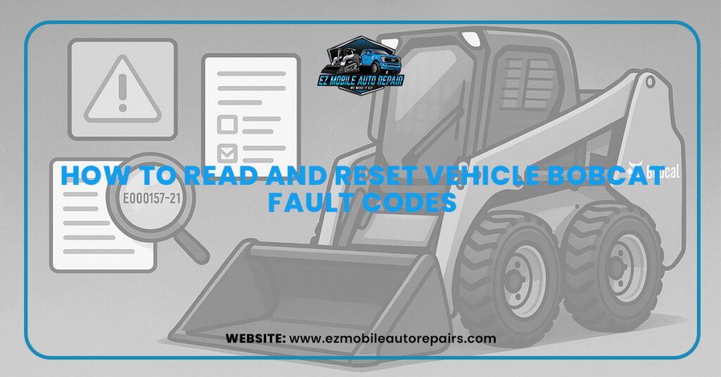 Illustration of a Bobcat vehicle with diagnostic icons and the title ‘How to Read and Reset Vehicle Bobcat Fault Codes’ for EZ Mobile Auto Repairs.