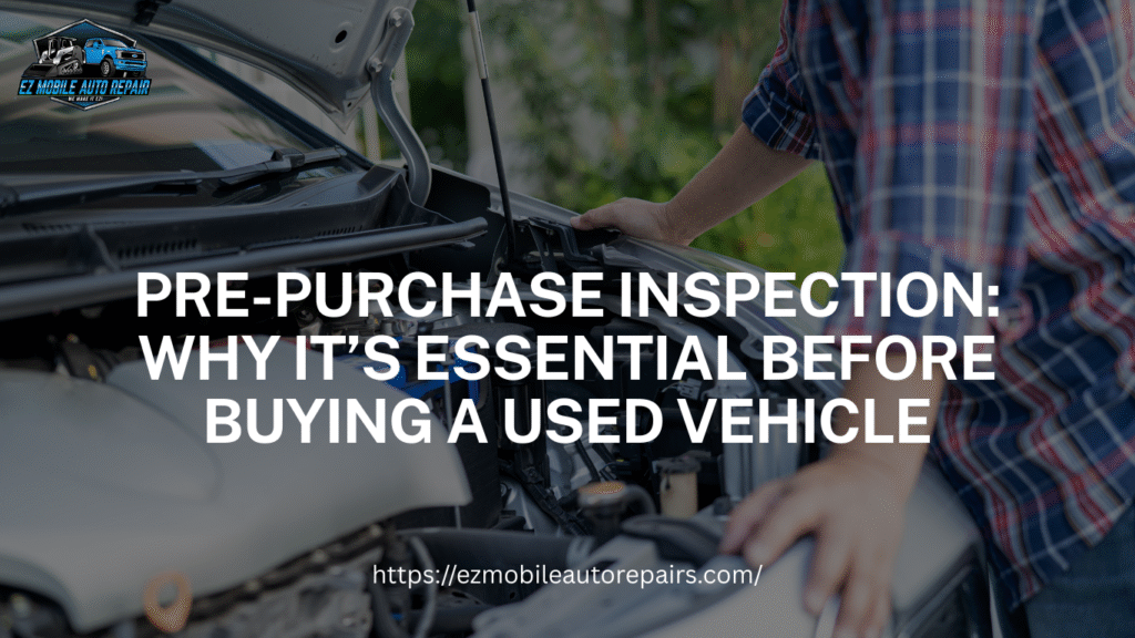 Mechanic performing a pre-purchase inspection under the hood of a used vehicle before buying, ensuring engine condition and safety checks.